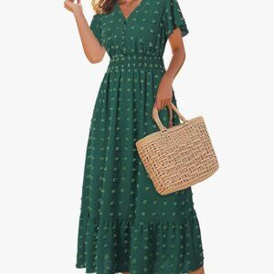 Women's Maxi Dress Green Boho V Neck Swiss Dot Ruffle size 6‎